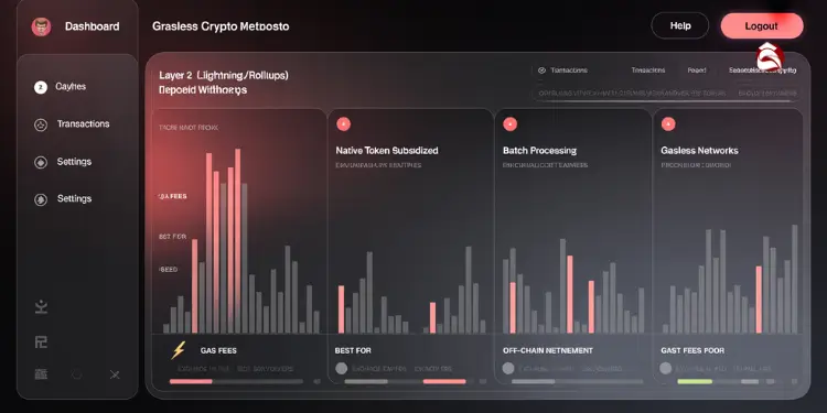 Dashboard interface for Gasless Crypto Metamask showing gas fees and network stats