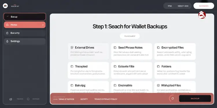 Interface for Step 1, searching wallet backups on external drives.
