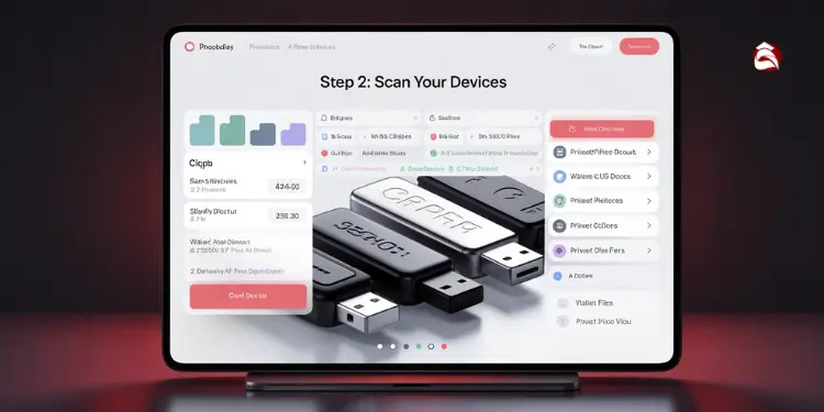 Tablet screen displaying Step 2 to scan devices for wallet files.