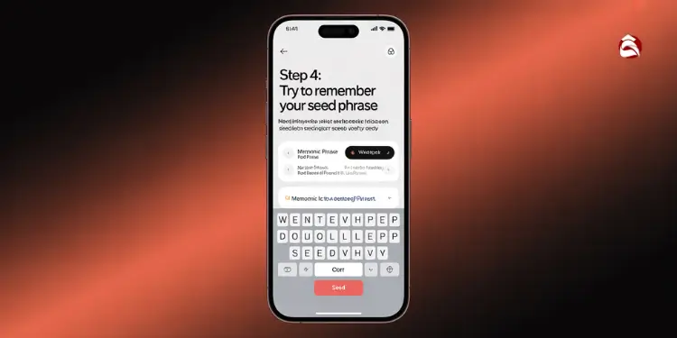Smartphone screen showing Step 4 to remember seed phrase with keyboard