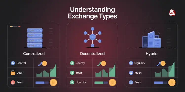 Infographic explaining Centralized, Decentralized, and Hybrid exchange types