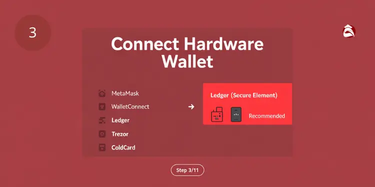 Screen showing options to connect hardware wallets like Ledger and Trezor
