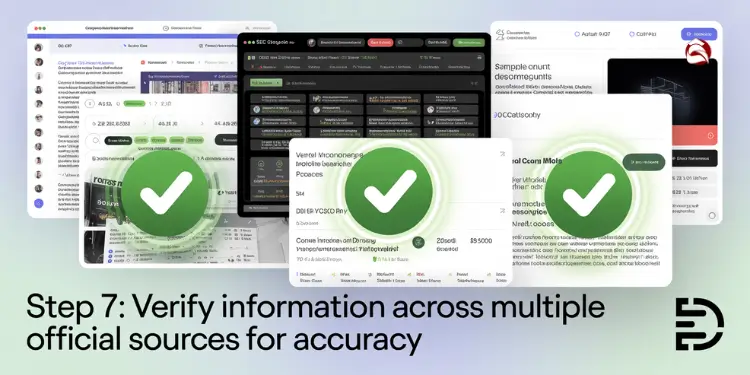 Multiple screens with checkmarks and step 7 for verifying sources