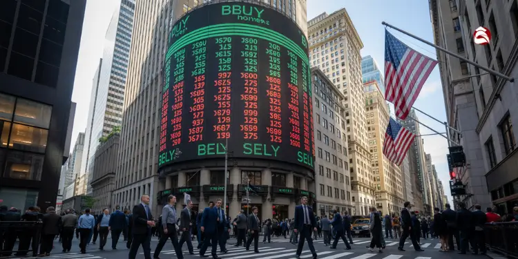 Stock market display on a building in a city.