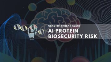 An illustration showing a robot manipulating DNA strands in front of a brain outline, labeled "AI Protein Biosecurity Risk."