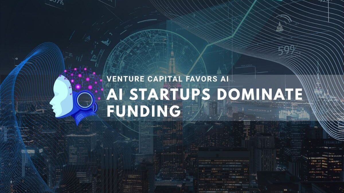Night cityscape with tech elements showing AI startups' dominance in venture funding.