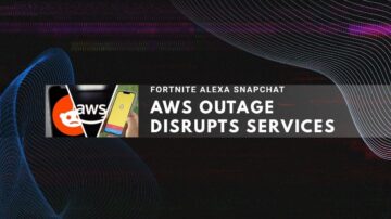 Graphic of an AWS outage showing the AWS logo, a Snapchat phone, and text for Fortnite and Alexa.