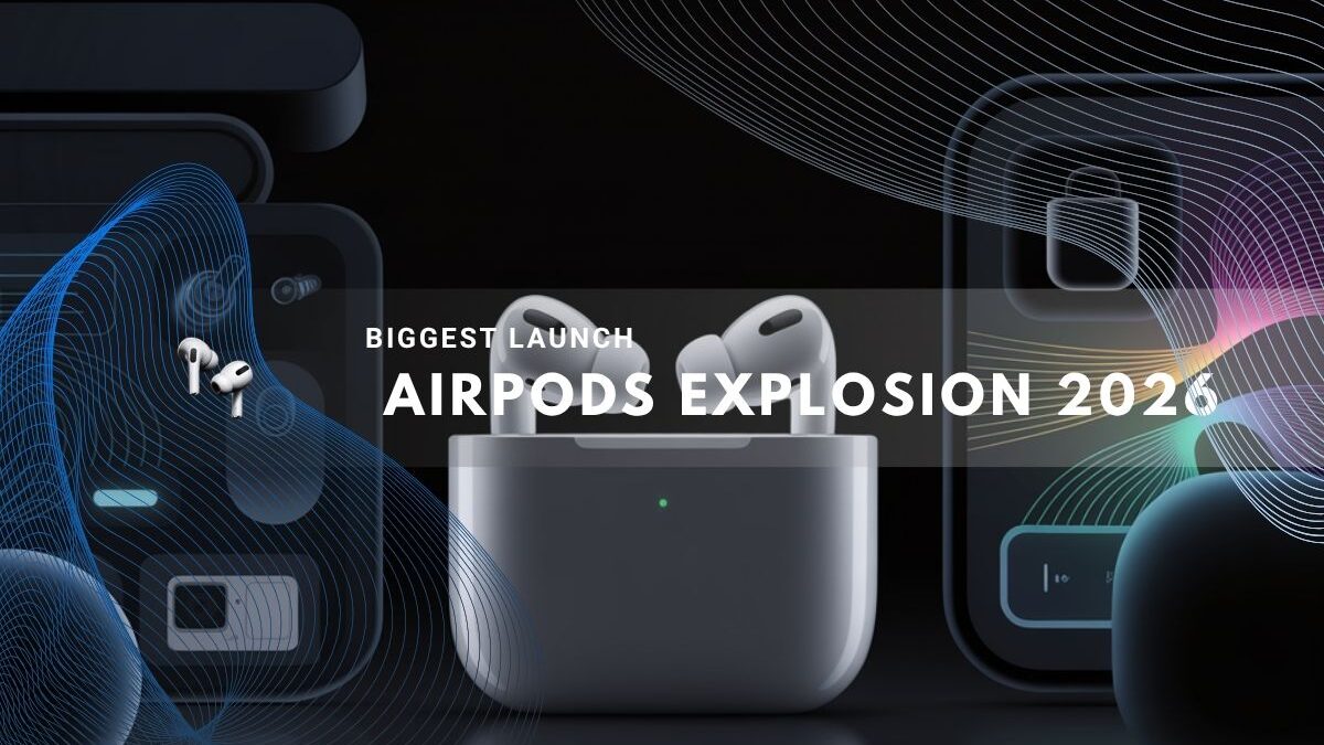 AirPods case displayed with modern digital sound wave graphics