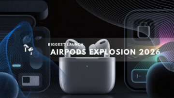 AirPods case displayed with modern digital sound wave graphics