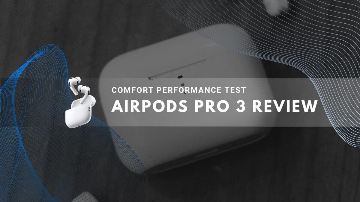AirPods Pro 3 and its case on a dark wood background with blue and gray lines for a review.