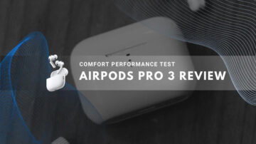 AirPods Pro 3 and its case on a dark wood background with blue and gray lines for a review.