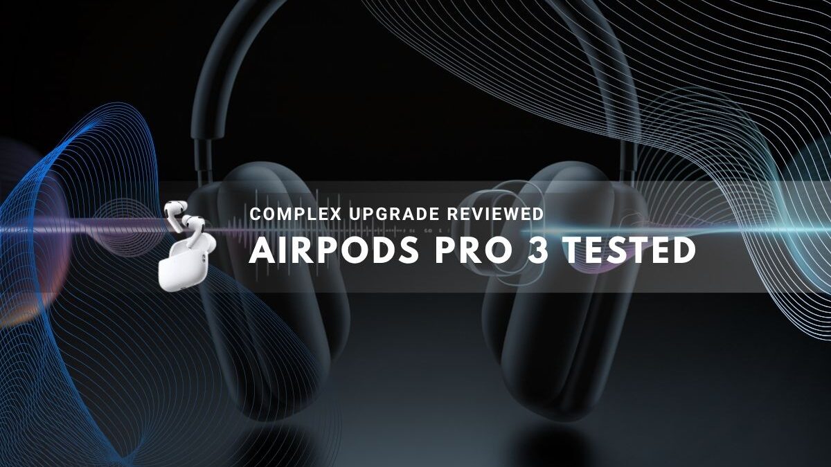 modern graphic featuring digital wave designs and a pair of headphones, emphasizing the review of the AirPods Pro 3.