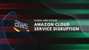 Graphic of a global AWS outage with a 3D AWS logo and a red-green gradient background.