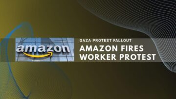Amazon building with protest headline on yellow-black gradient background