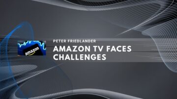 Abstract design with Amazon logo and headline on dark background.