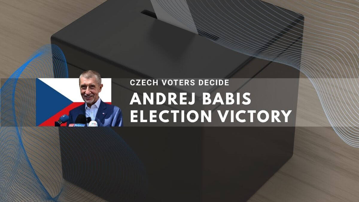 Ballot in voting box beside Andrej Babis portrait, Czech election victory declared.
