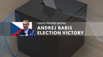 Ballot in voting box beside Andrej Babis portrait, Czech election victory declared.