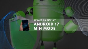 Green Android robot with shield and phone in Always On Display mode, dark background.