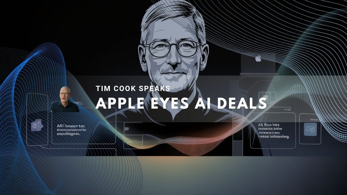 Tim Cook with digital graphics and Apple interface.