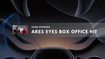 Stylish graphic shows a sleek car silhouette beneath abstract waves with movie stills featuring two armored characters