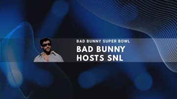 Bad Bunny wearing sunglasses and light shirt against blue abstract background.
