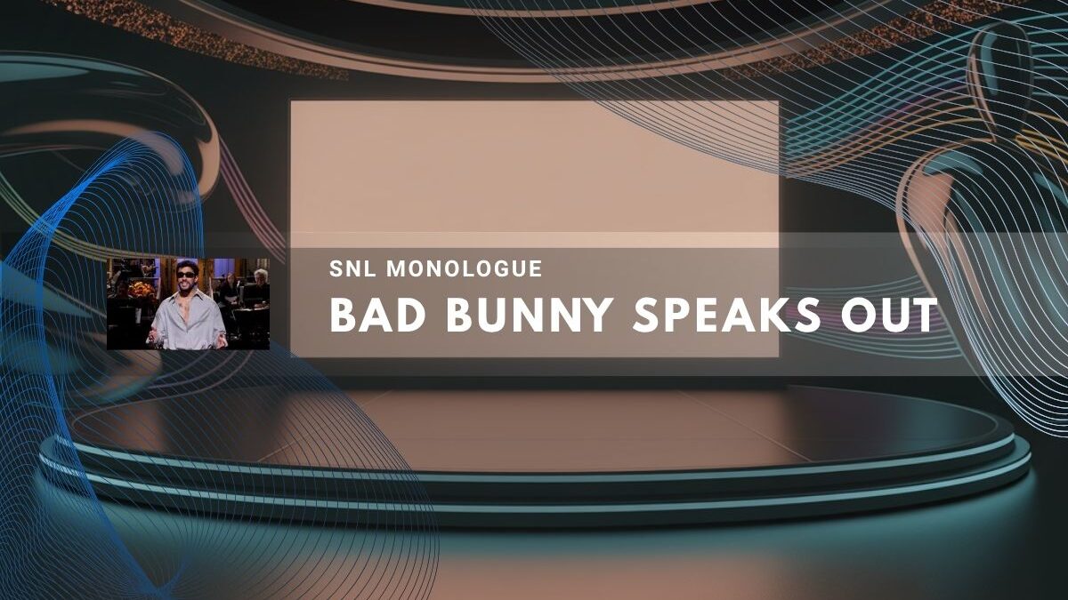 Modern stage inspired by SNL set design with inset of Bad Bunny performing his monologue