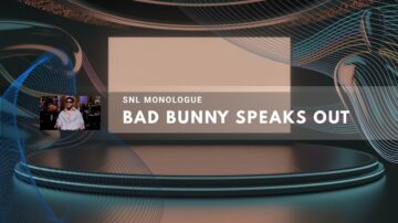 Modern stage inspired by SNL set design with inset of Bad Bunny performing his monologue