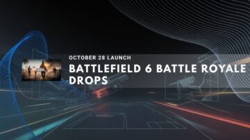 Futuristic battlefield concept art with weapons and maps overlayed.