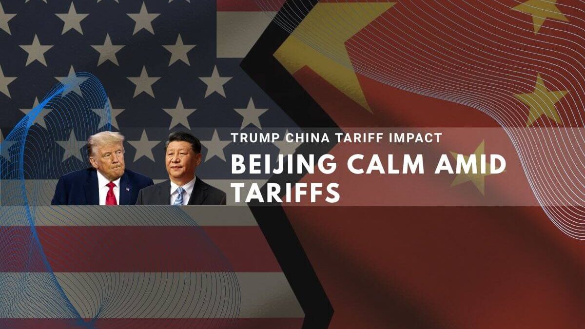 US and China flags split by a crack, with portraits of Trump and Xi Jinping.