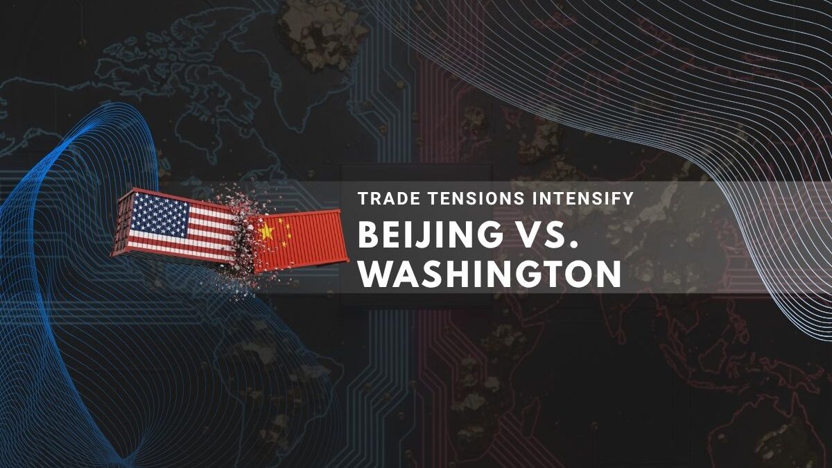 Dark circuit board background with glowing blue and red lines symbolizing technology and trade tensions between China and the United States.