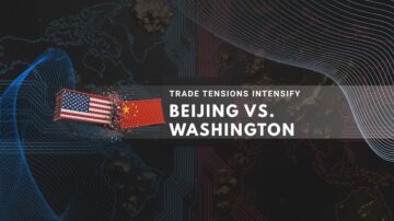 Dark circuit board background with glowing blue and red lines symbolizing technology and trade tensions between China and the United States.