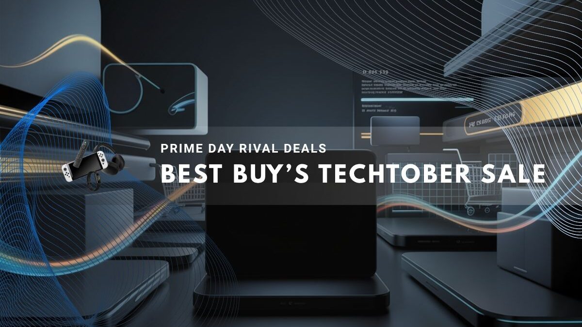 Various electronics and laptops promoted for Best Buy’s Techtober event.