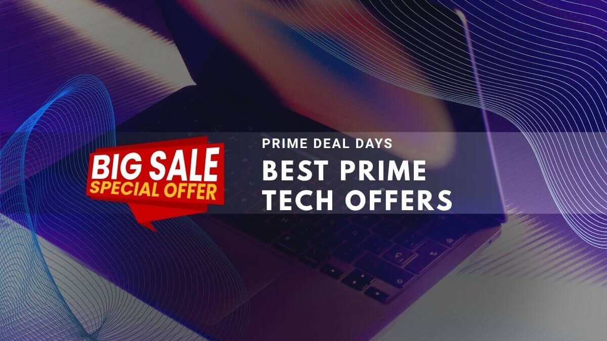Laptop with purple background featuring Prime Day tech sale offers and discounts.