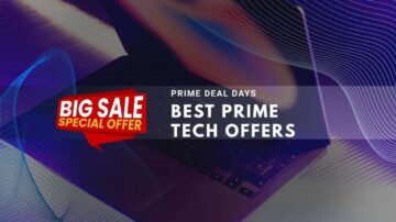 Laptop with purple background featuring Prime Day tech sale offers and discounts.