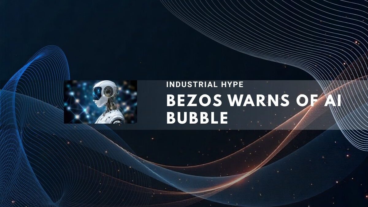 Bezos AI bubble warning with robot on blue tech background