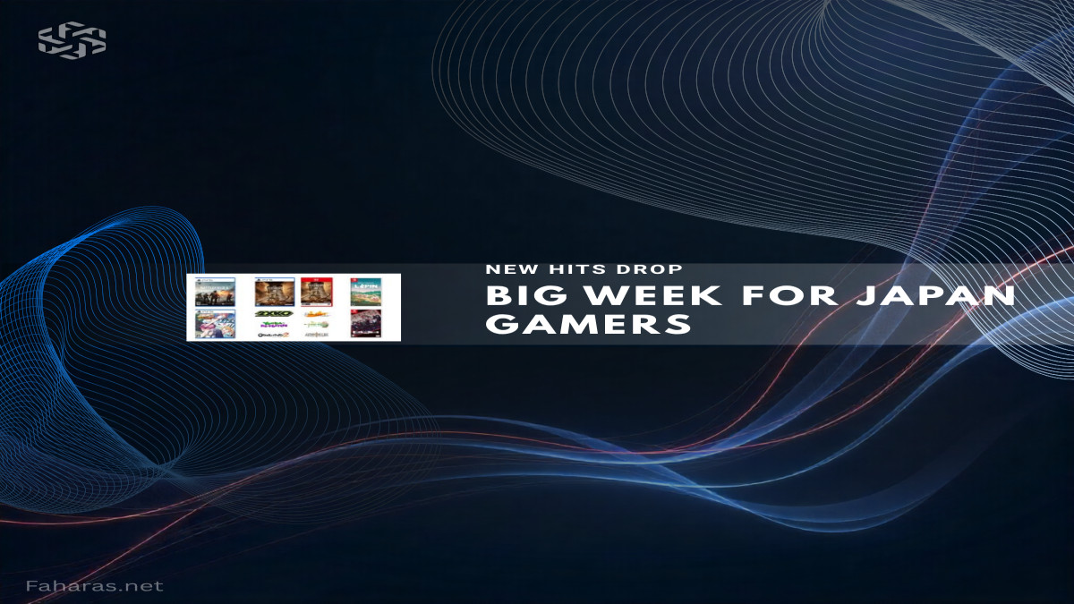 Eight game covers with "Big Week for Japan Gamers" text on dark tech background