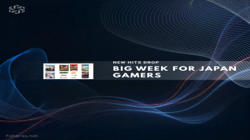 Eight game covers with "Big Week for Japan Gamers" text on dark tech background