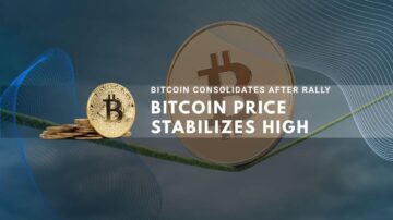 Bitcoin coins on grass-like line with dark blue wavy background, price stabilizing