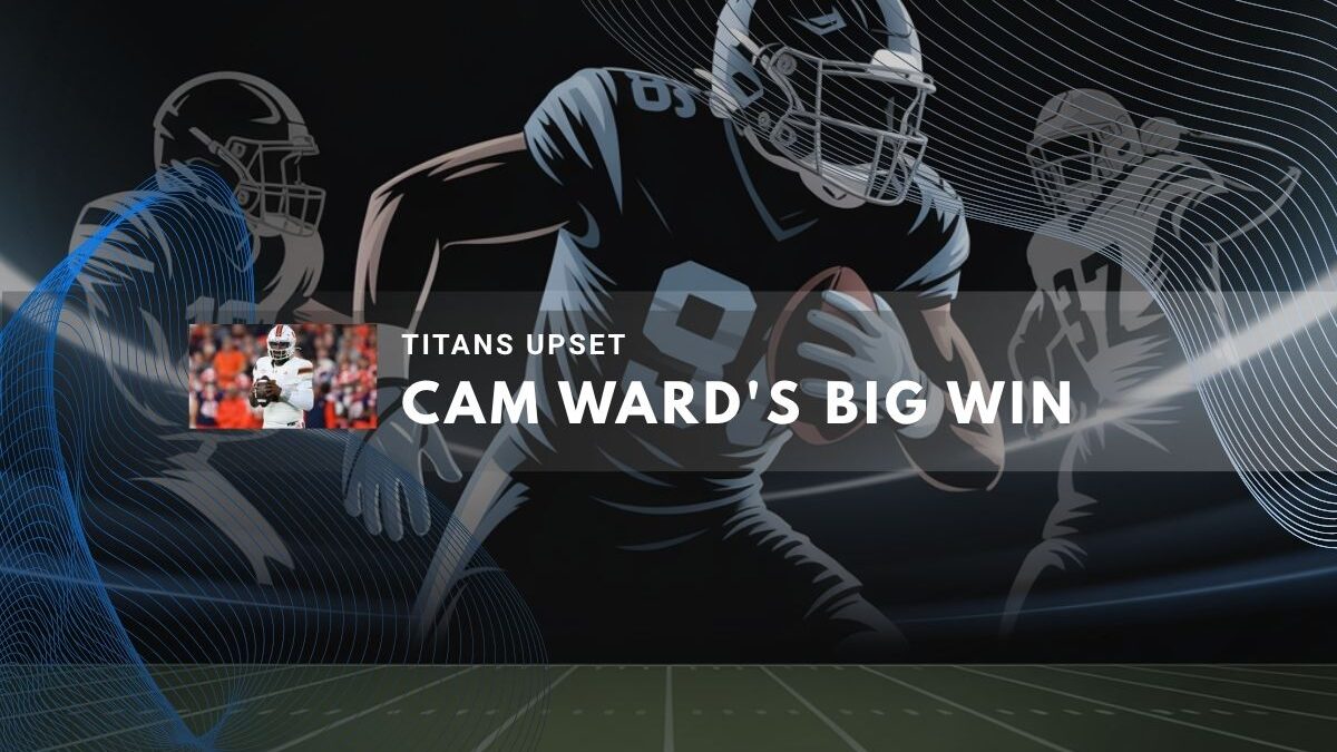 dynamic football scene showcasing Cam Ward's impressive win