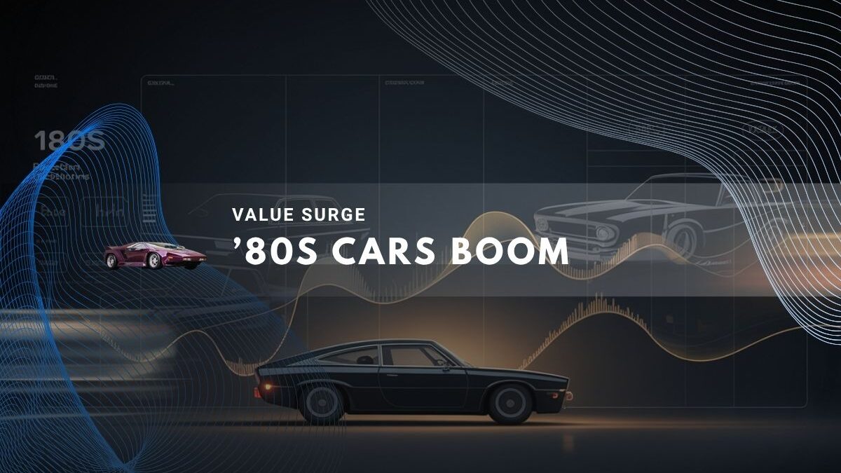 Classic 1980s cars shown against rising value graph background.