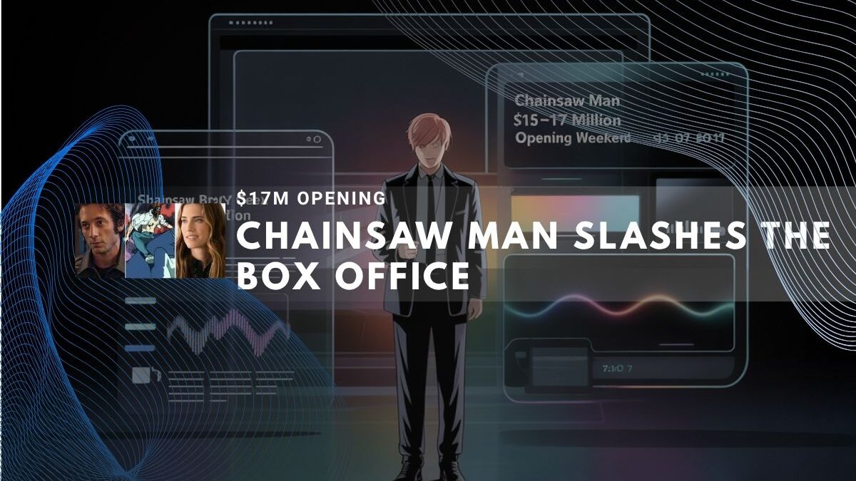 Stylized image of Chainsaw Man character amid box office charts