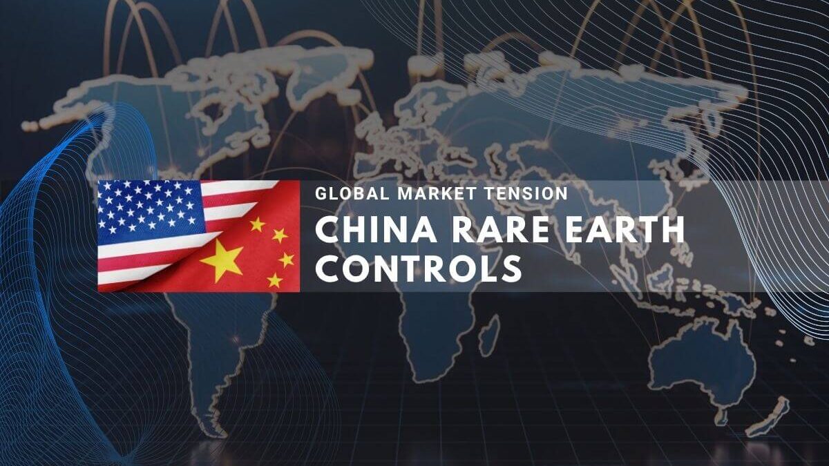 World map graphic showing US and China flags over the text 'China Rare Earth Controls'.