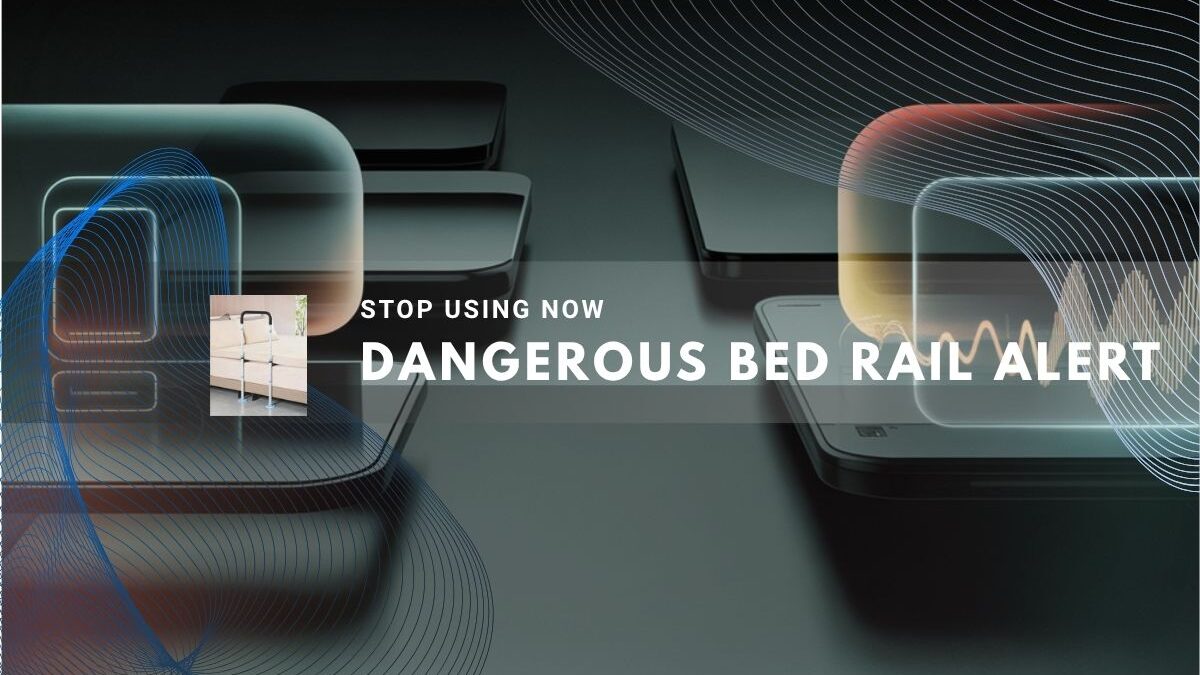 warning graphic about dangerous bed rails, featuring a modern design with abstract shapes.