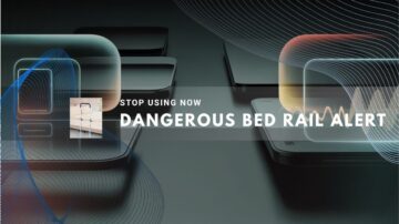 warning graphic about dangerous bed rails, featuring a modern design with abstract shapes.