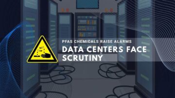 Server racks with warning sign about PFAS chemicals in data centers
