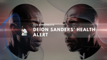 Artistic rendering of Deion Sanders facing his reflection with a somber atmosphere