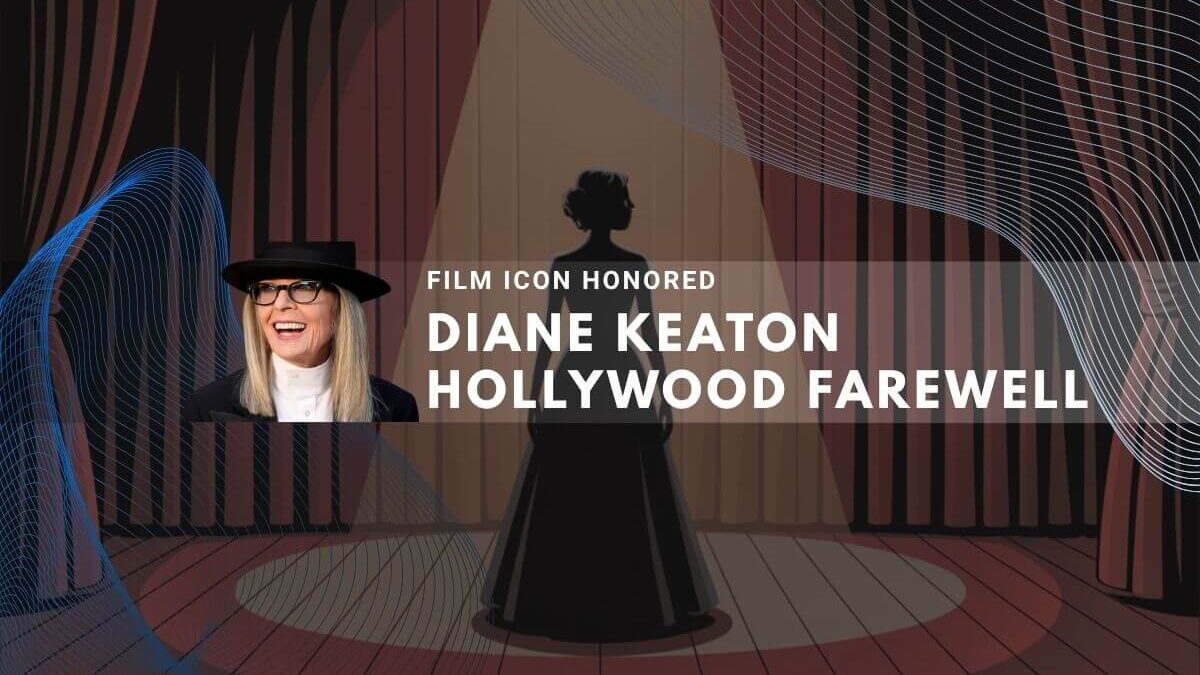 An illustrated stage with a spotlight on a silhouetted figure and an inset photo of Diane Keaton.