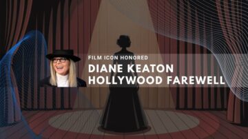 An illustrated stage with a spotlight on a silhouetted figure and an inset photo of Diane Keaton.