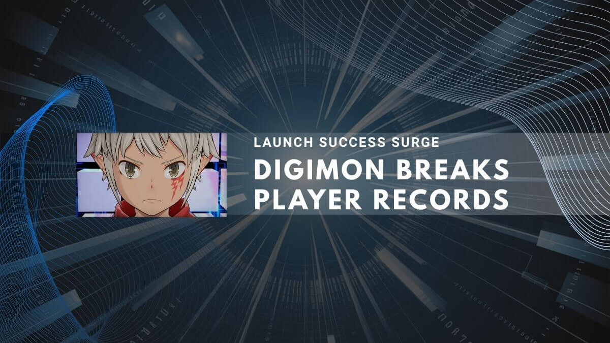 Abstract digital background with a banner reading "Digimon Breaks Player Records" and an anime character's face.