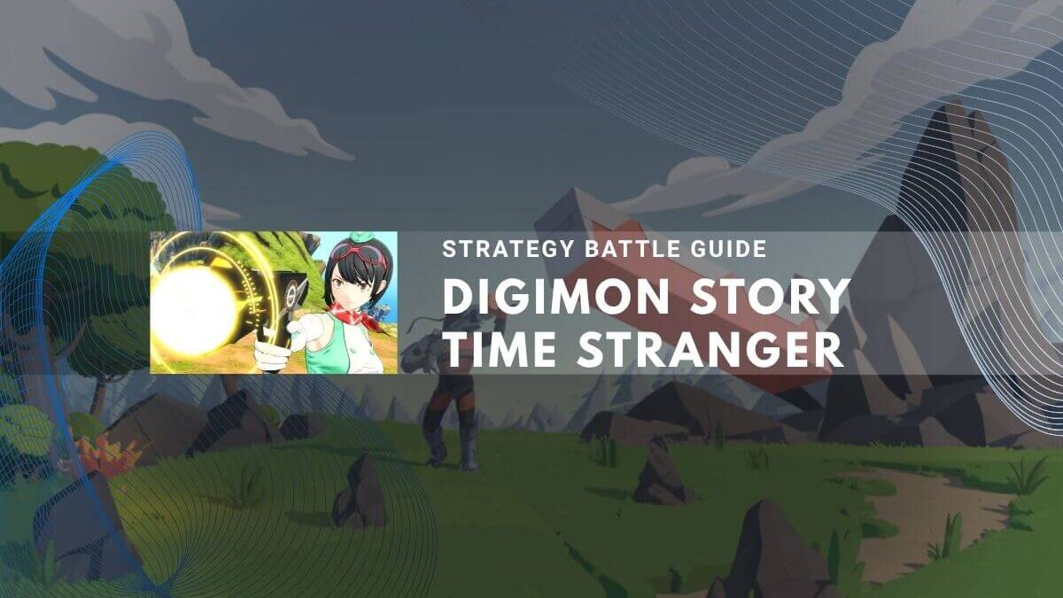 Artwork for a "Strategy Battle Guide: Digimon Story Time Stranger" showing a character aiming a shot in a grassy, rocky outdoor area.